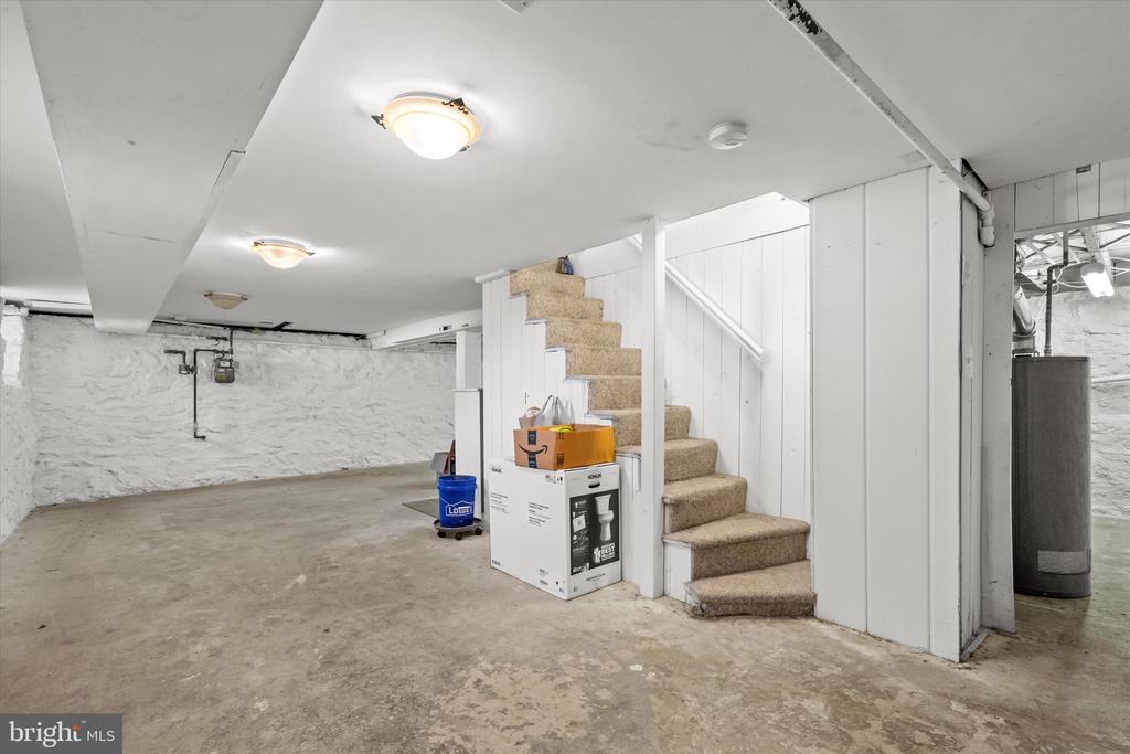 Unfinished basement with carpeted stairs, white-painted stone walls, and exposed utility equipment.