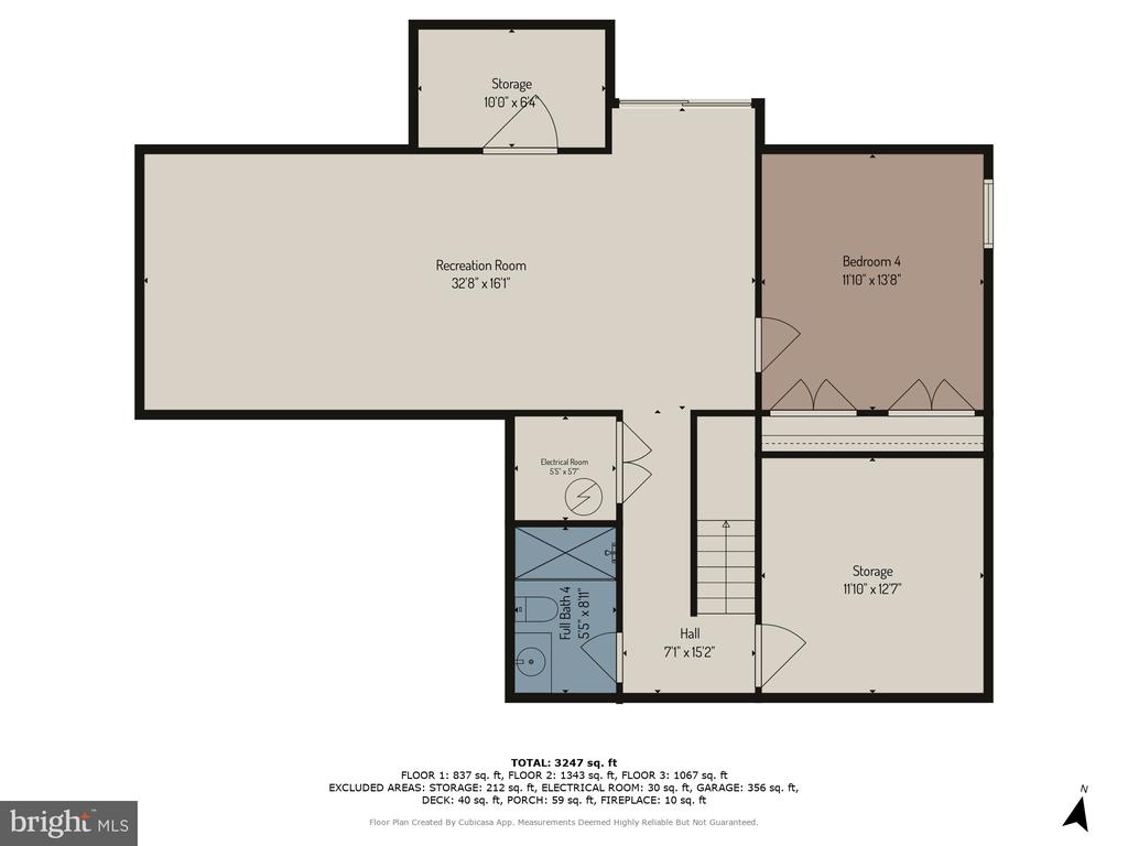 Basement floor plan with a large recreation room, bedroom, bathroom, hall, electrical room, and two storage areas.