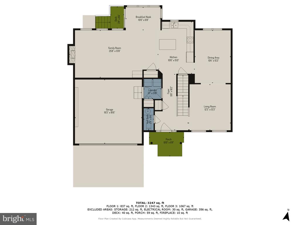 First-floor home floor plan with labeled rooms, dimensions, garage, deck, and porch.