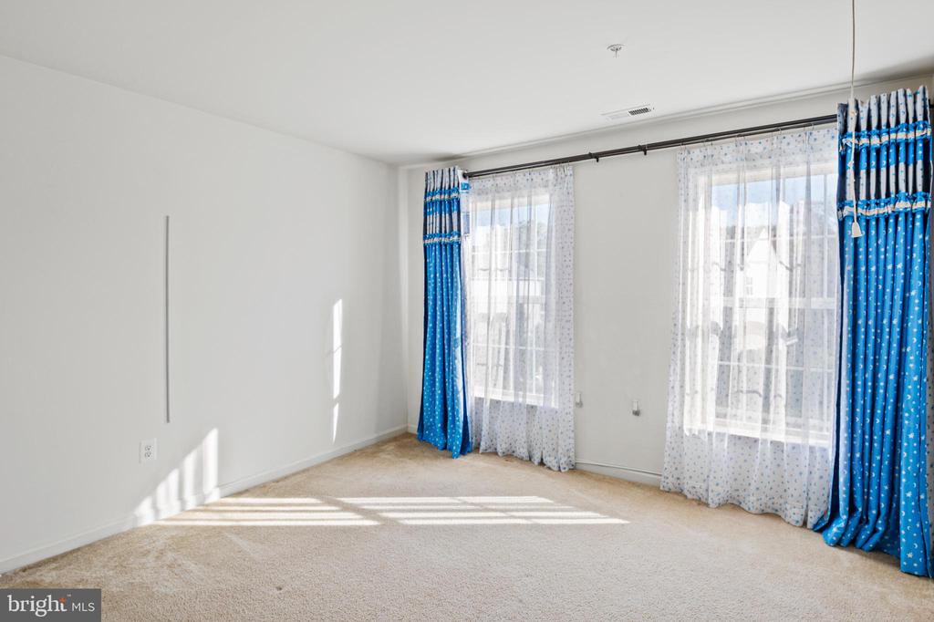 Empty carpeted room with two large windows, sheer curtains, and bright blue drapes.