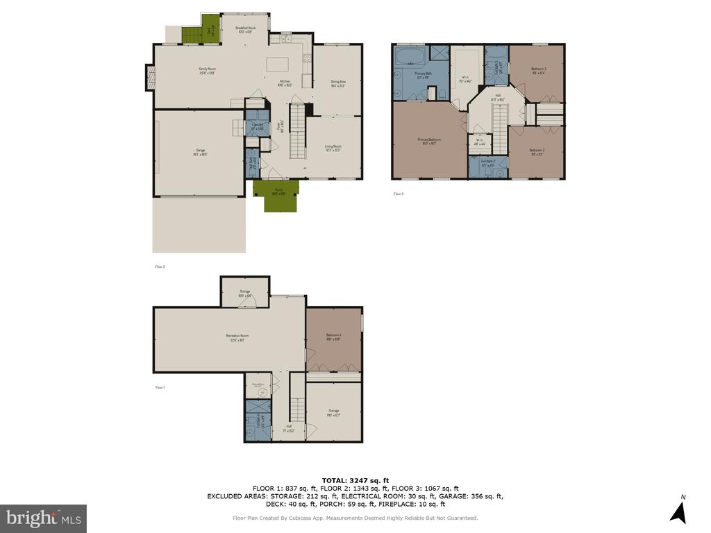 Three-level home floor plan showing labeled rooms and square-footage totals.