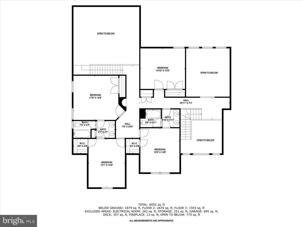 Upper-floor plan with four bedrooms, bathrooms, walk-in closets, stairs, and open-to-below areas.