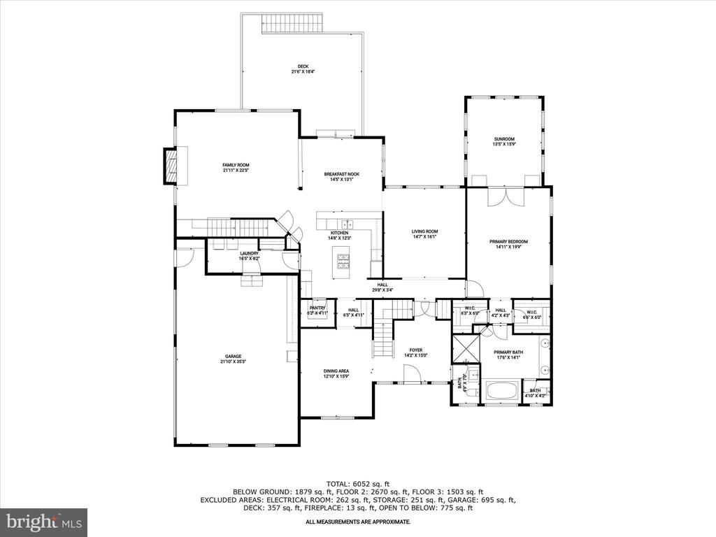 Floor plan showing the home’s room layout, dimensions, attached garage, deck, and sunroom.