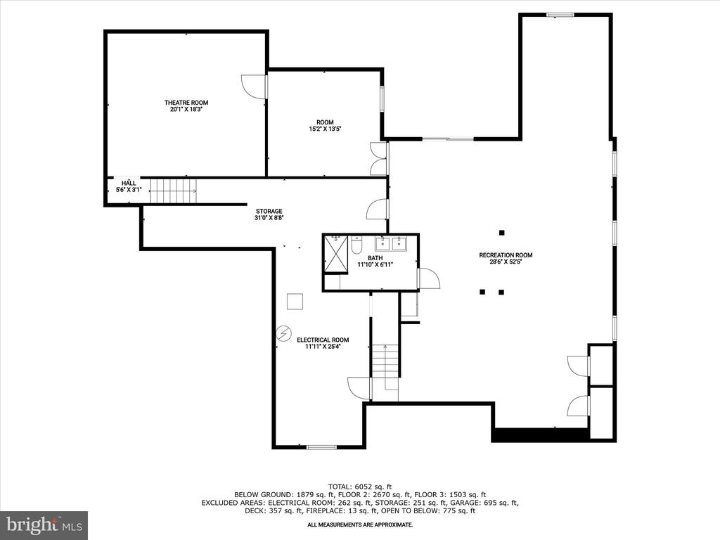 Below-ground floor plan with a large recreation room, theatre room, bath, storage, and electrical room.