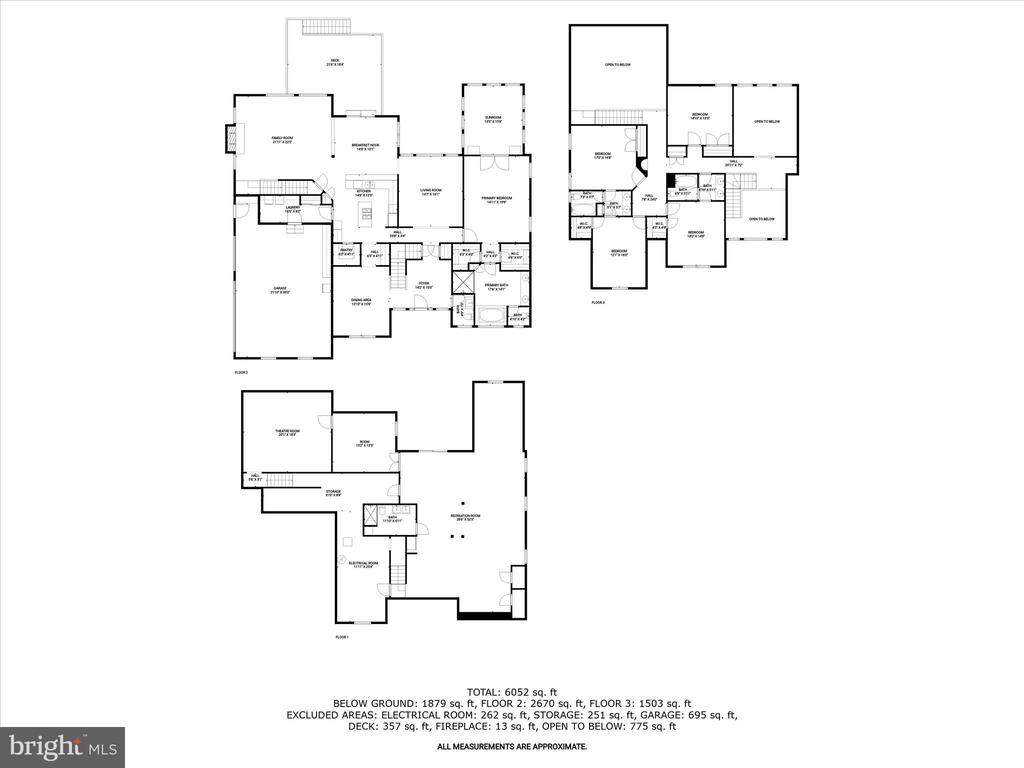 Three-level home floor plan with room layouts and square-footage totals.