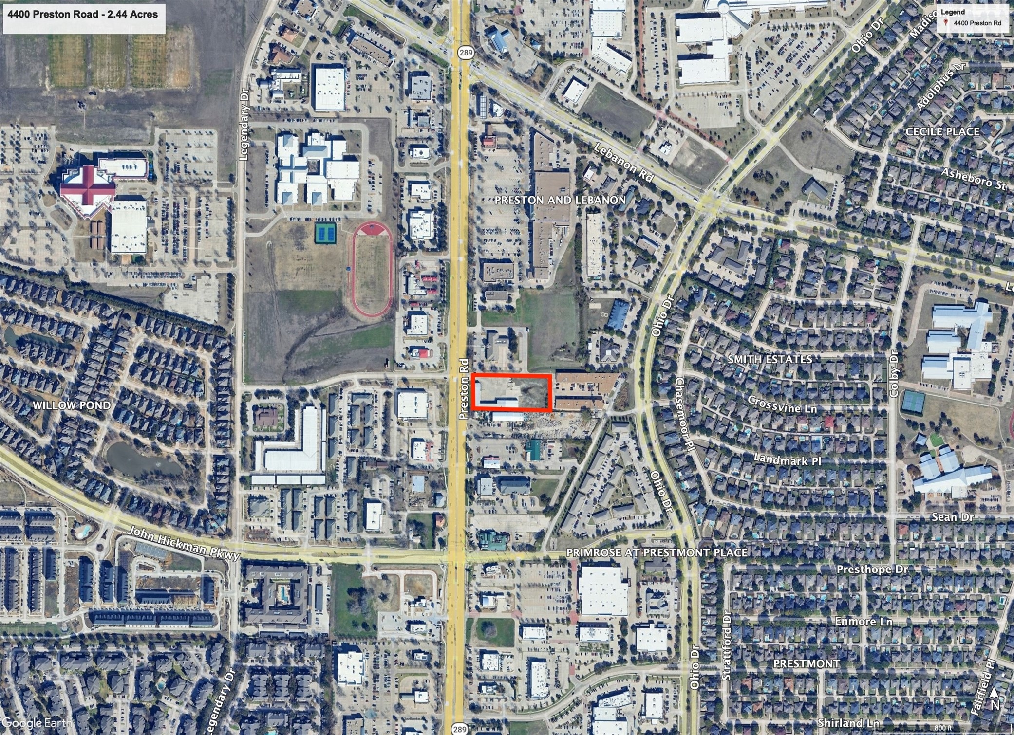 Aerial map highlighting the 4400 Preston Road property in red, surrounded by roads, businesses, and nearby neighborhoods.