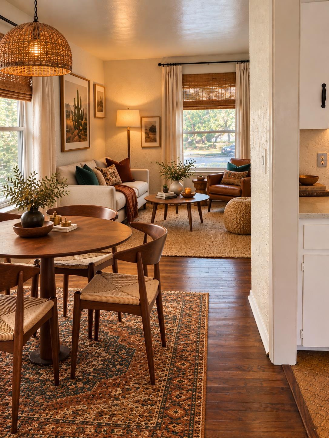 Furnished dining and living room with a wooden table, cream sofa, and patterned rugs.