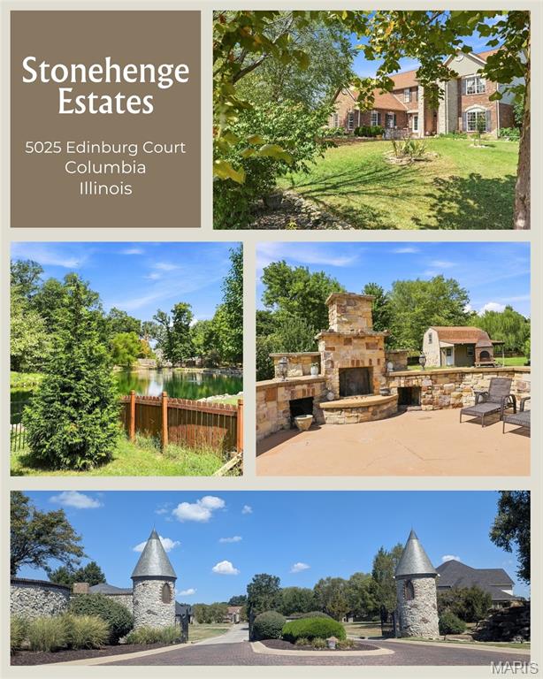 Stonehenge Estates, Columbia, Illinois: brick home, pond, stone fountain, and entrance towers.