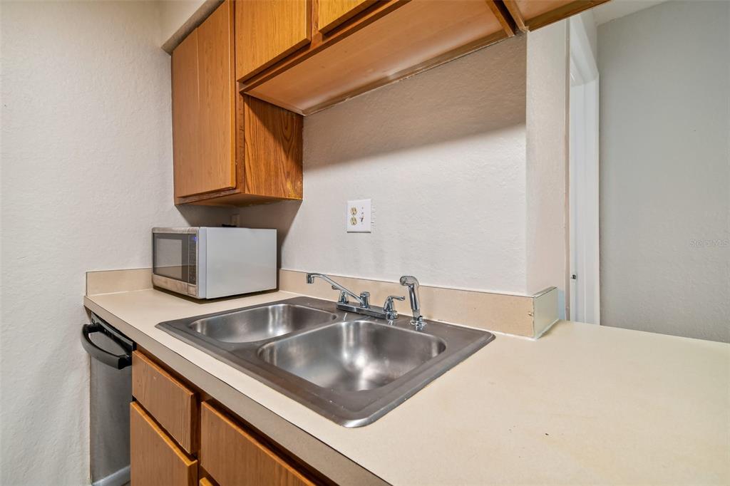 Compact kitchen sink with double stainless-steel basins, wood cabinets, microwave, and dishwasher.