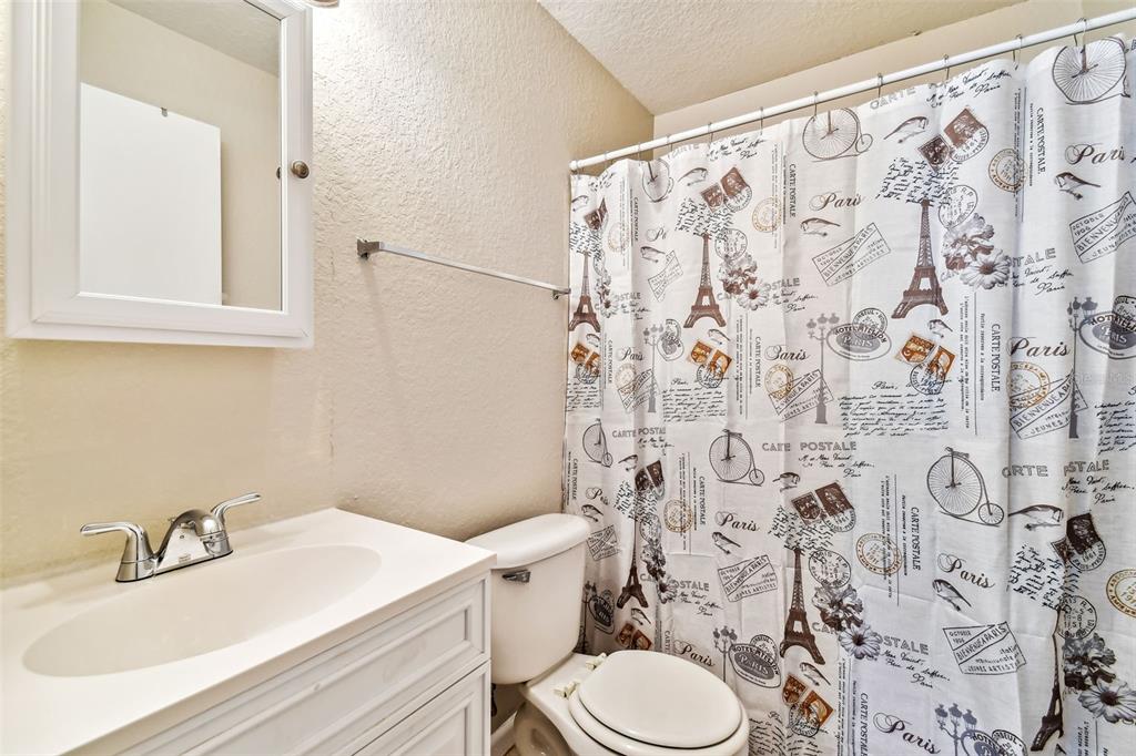 Bathroom with a white vanity, toilet, mirrored cabinet, and Paris-print shower curtain.