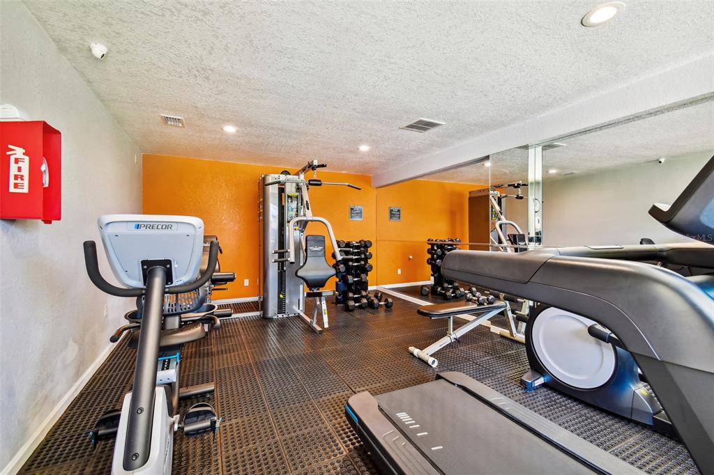Building gym with cardio machines, weight equipment, dumbbells, and orange accent walls.