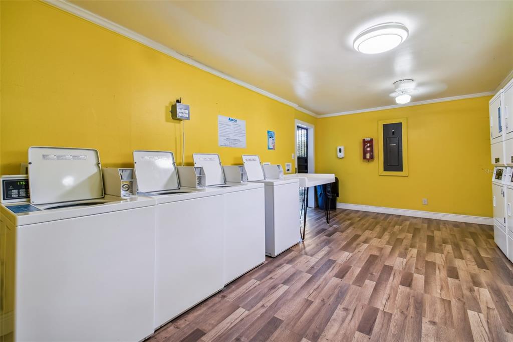 Laundry room with rows of white washers and dryers against bright yellow walls.