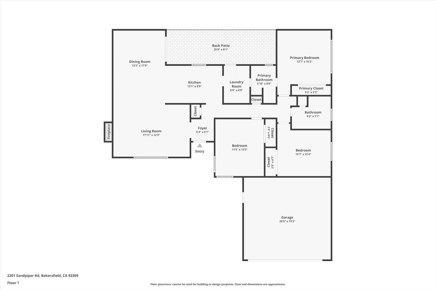 Floor plan showing three bedrooms, two bathrooms, living and dining rooms, kitchen, patio, and garage.
