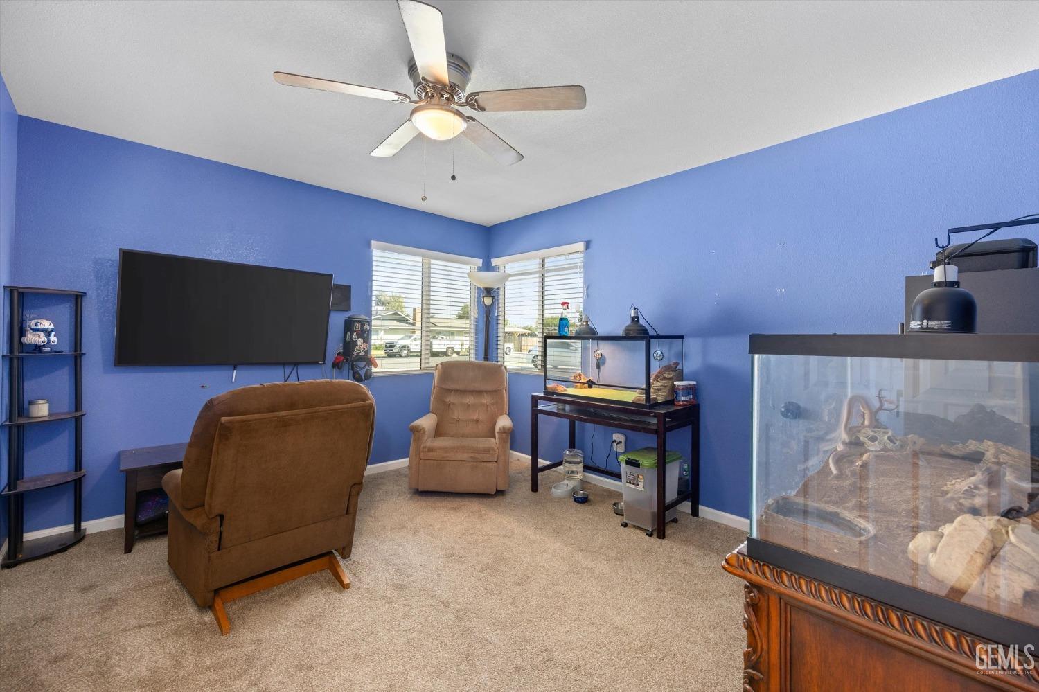 Blue-walled living room with recliners, corner windows, and large aquariums.