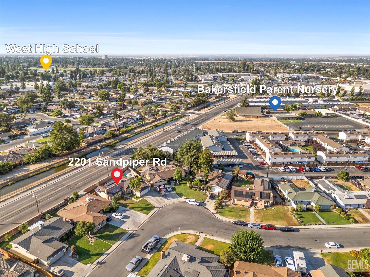 Aerial neighborhood view marking 2201 Sandpiper Road, with West High School and Bakersfield Parent Nursery labeled.