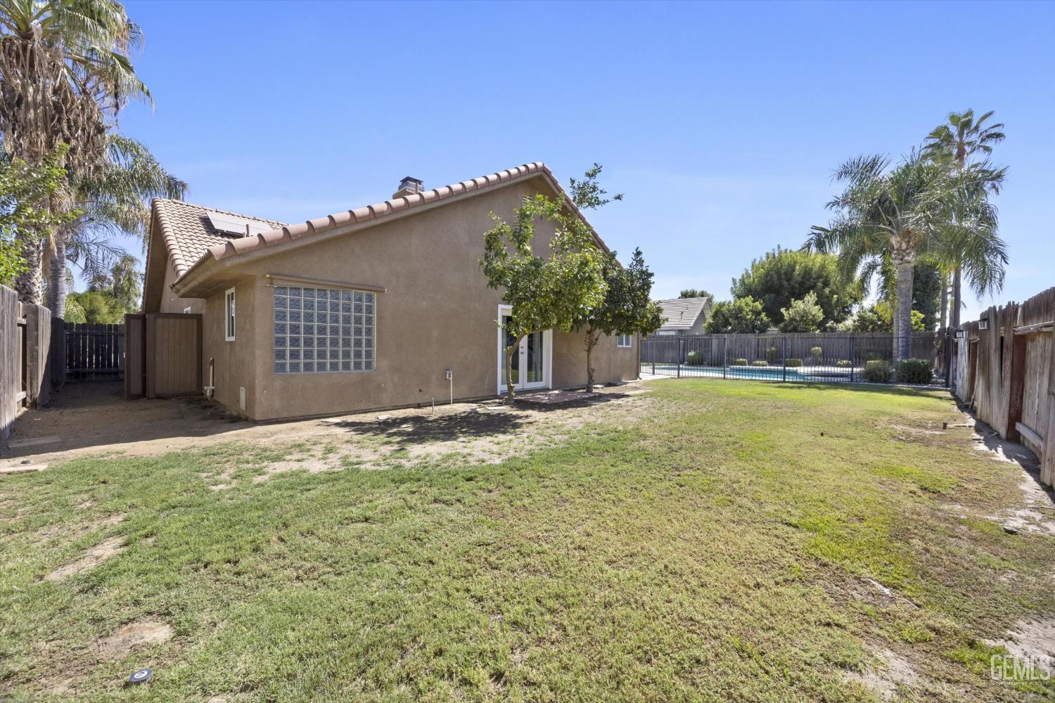 Backyard with a grassy lawn, tan stucco house, palm trees, and fenced swimming pool.