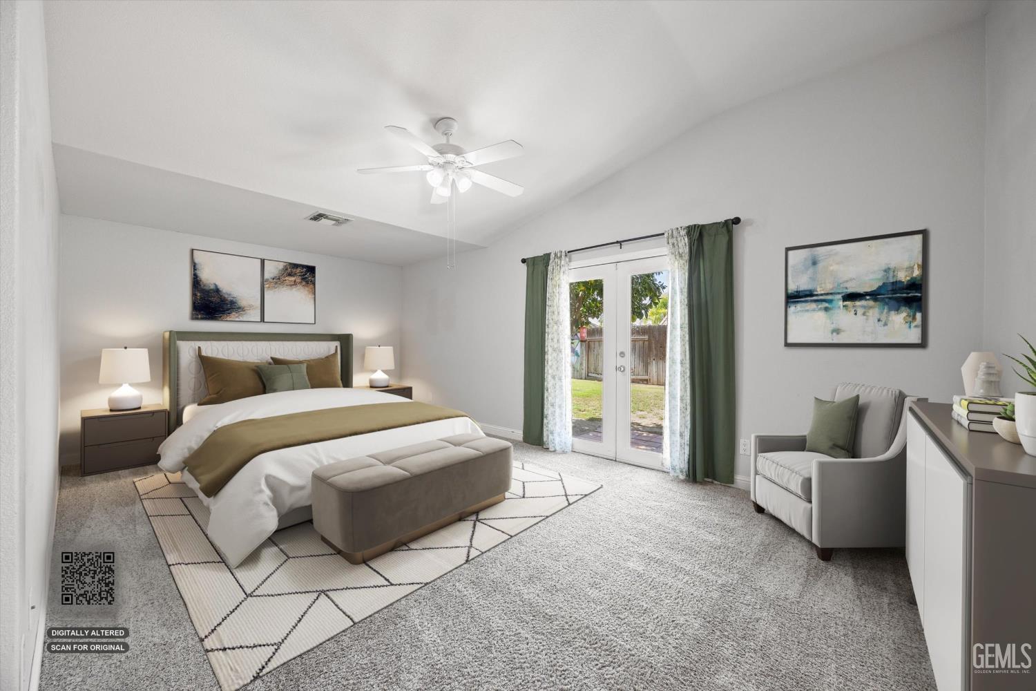 Staged bedroom with a king-size bed, green curtains, and French doors opening to the backyard.