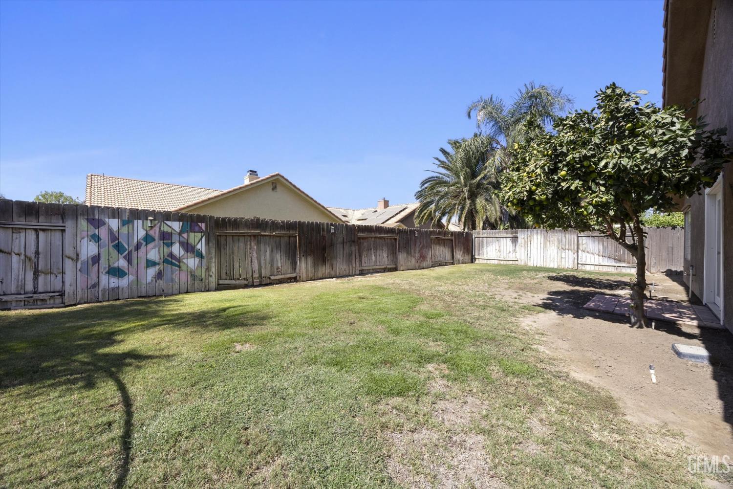 Fenced backyard with a grassy lawn, citrus tree, and small paved patio.