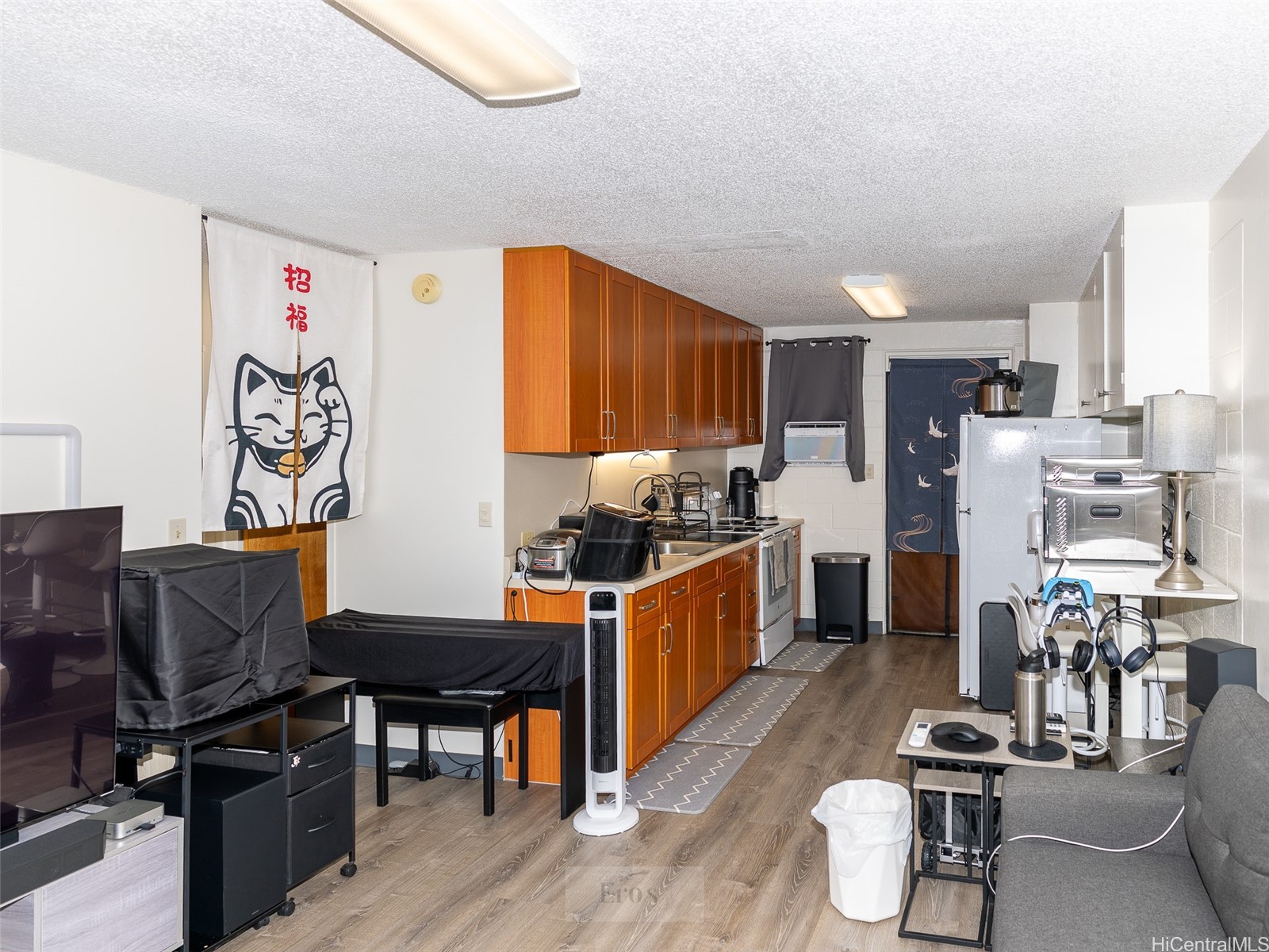 Furnished studio interior with a galley kitchen, wood cabinets, and living area.