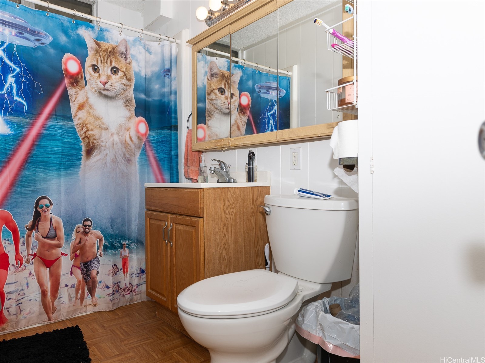 Bathroom with a cat-themed shower curtain, wood vanity, and mirrored medicine cabinet.