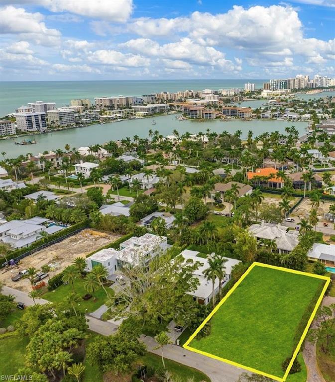 Vacant lot outlined in yellow among palm-lined homes, with the bay and Gulf in the distance.