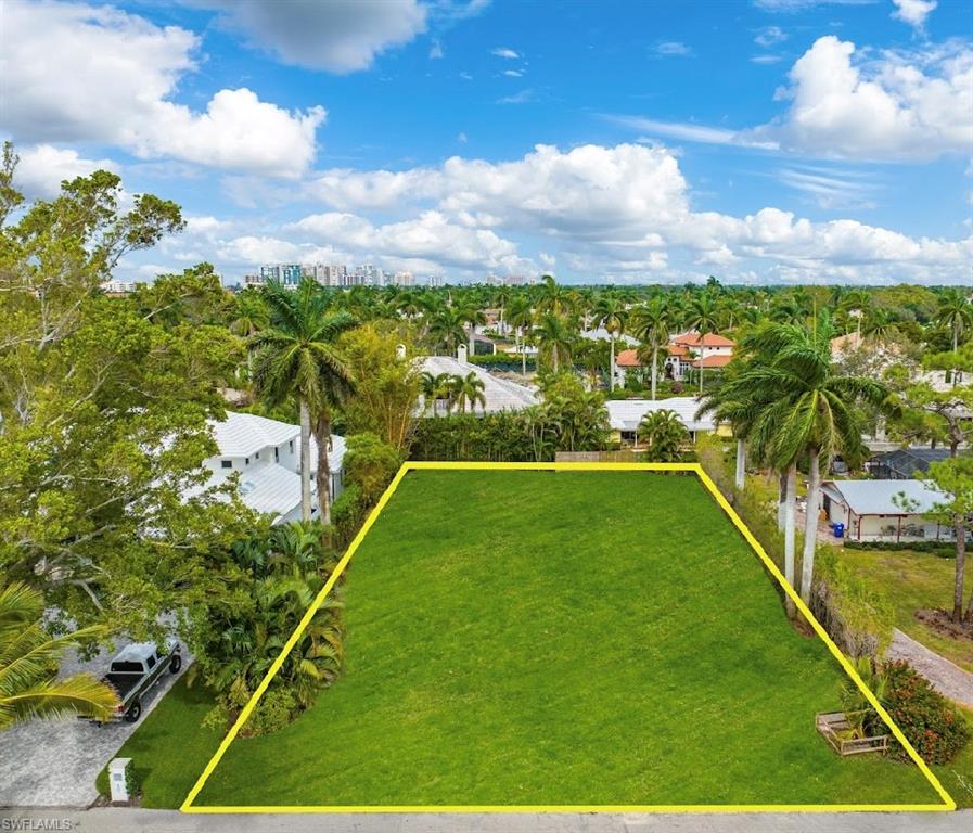 Aerial view of a vacant grassy lot outlined in yellow, surrounded by palm trees and homes.