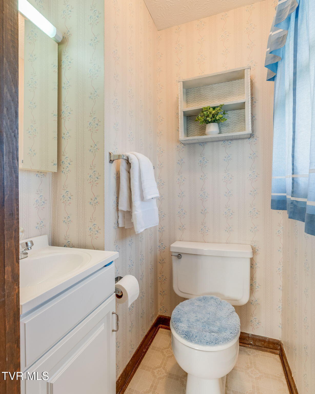 Bathroom with floral wallpaper, white vanity, and toilet with a blue cover.