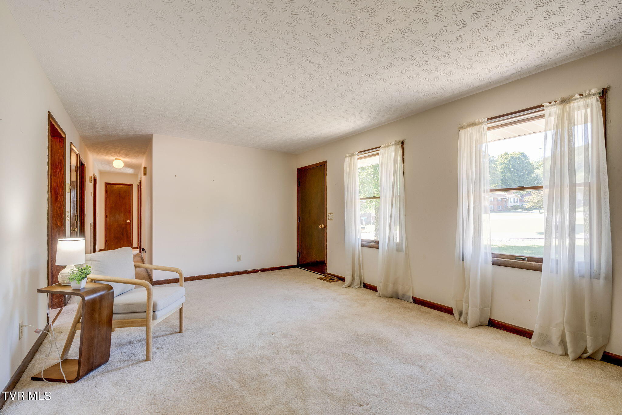 Carpeted living room with two sunny windows, dark wood trim, and a small armchair seating area.