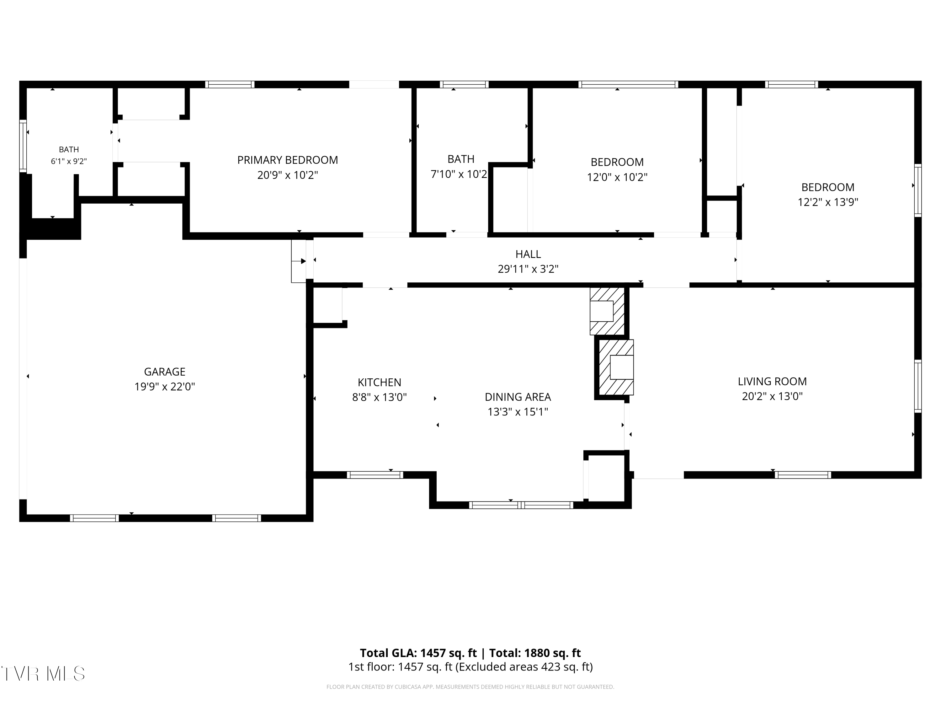 Floor plan showing three bedrooms, two bathrooms, living areas, and an attached garage.