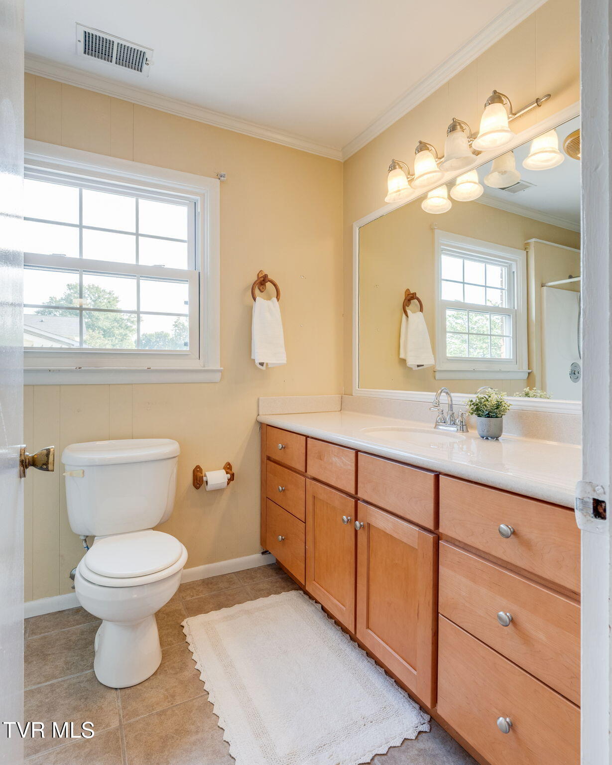 Bathroom with a long wood vanity, large mirror, and daylight streaming through a window.
