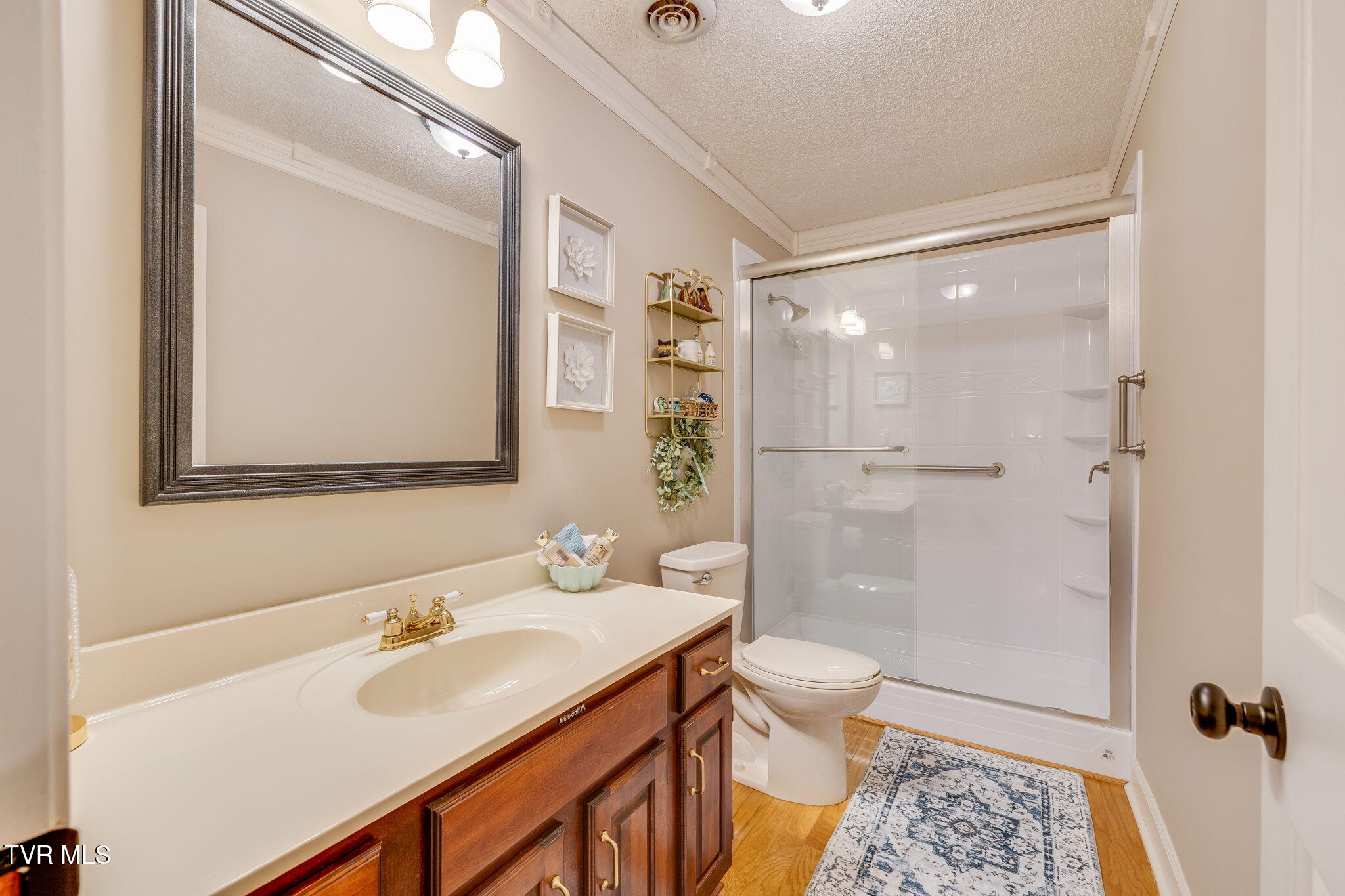 Bathroom with dark wood vanity and a glass-enclosed tiled shower with grab bars.