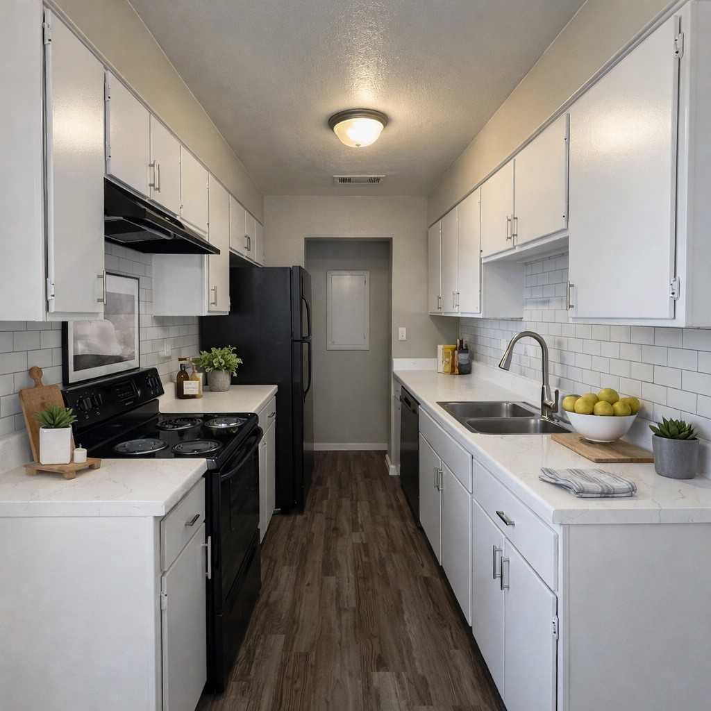 Galley kitchen with white cabinets, dark appliances, and a double-basin sink.