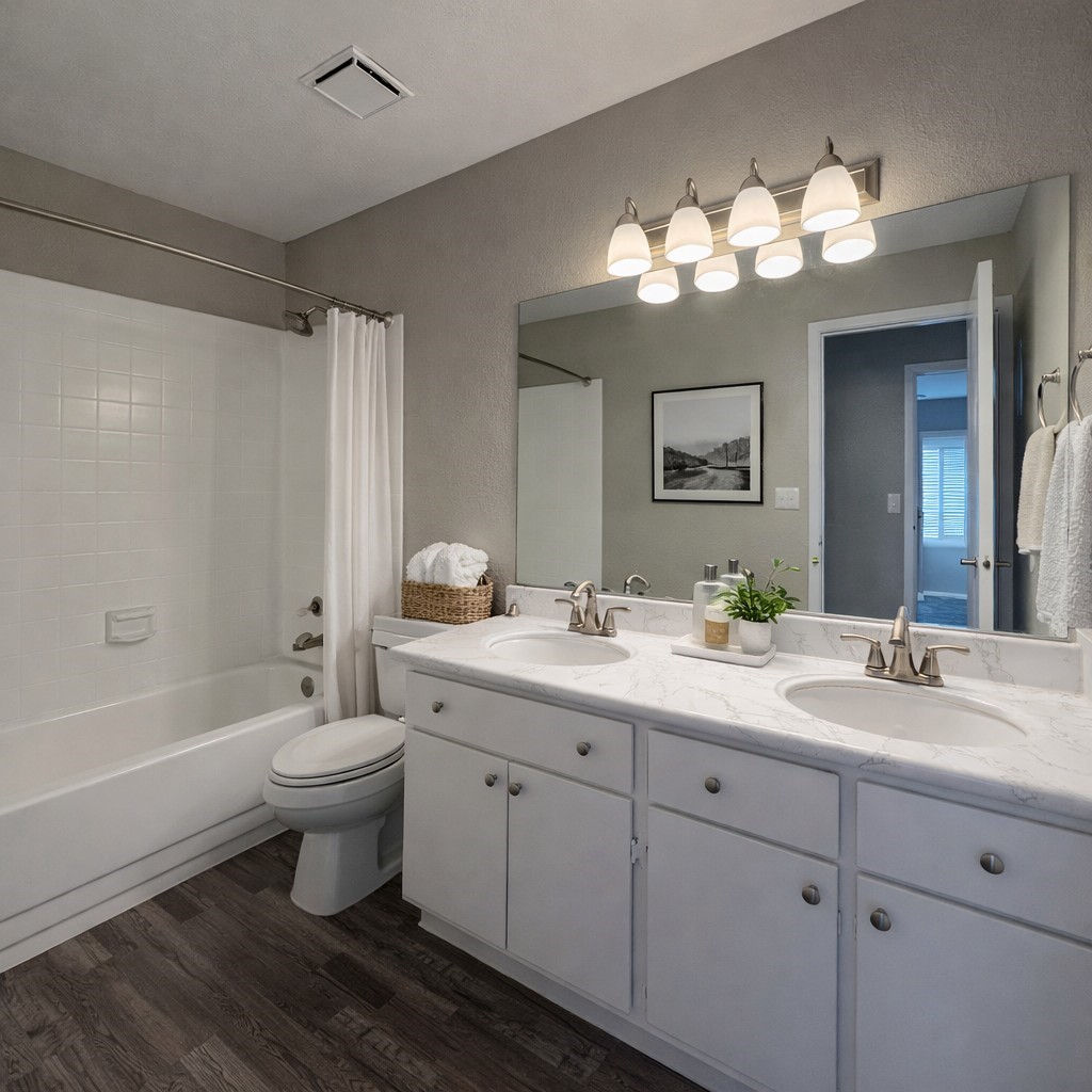 Bathroom with a double-sink vanity, gray cabinets, and a white tub with shower curtain.
