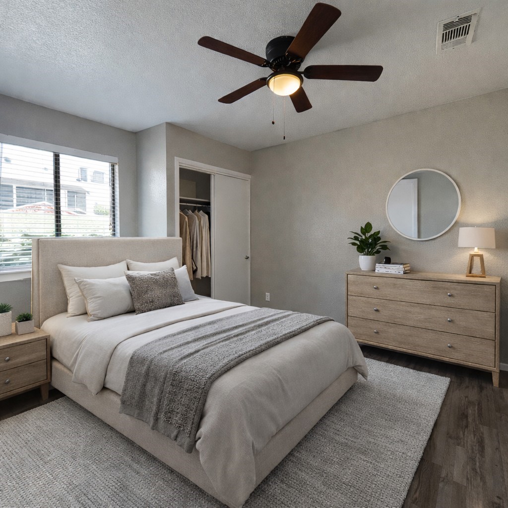 Staged bedroom with a gray-draped bed, ceiling fan, and dresser beneath a round mirror.