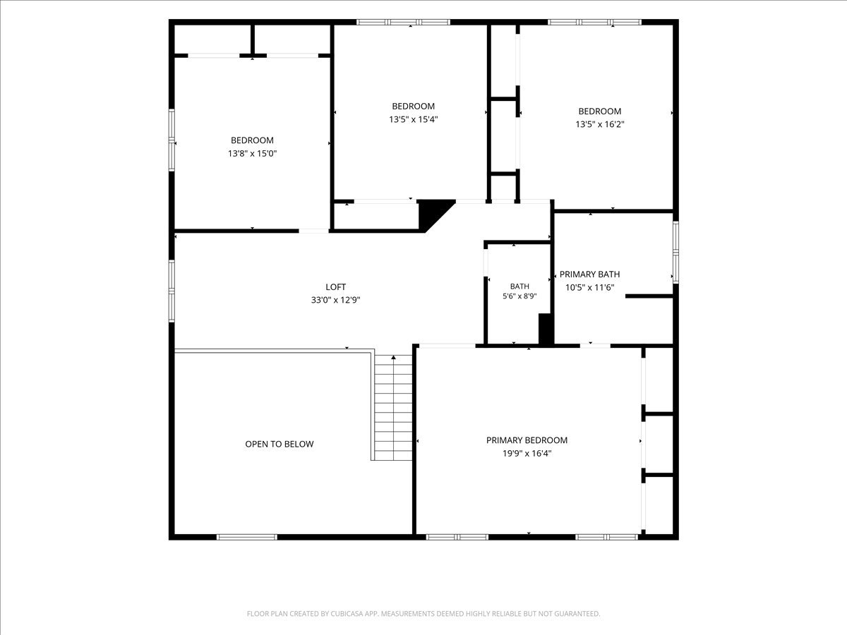 Second-floor plan with three bedrooms, a primary suite, loft, two baths, and an open-to-below area.