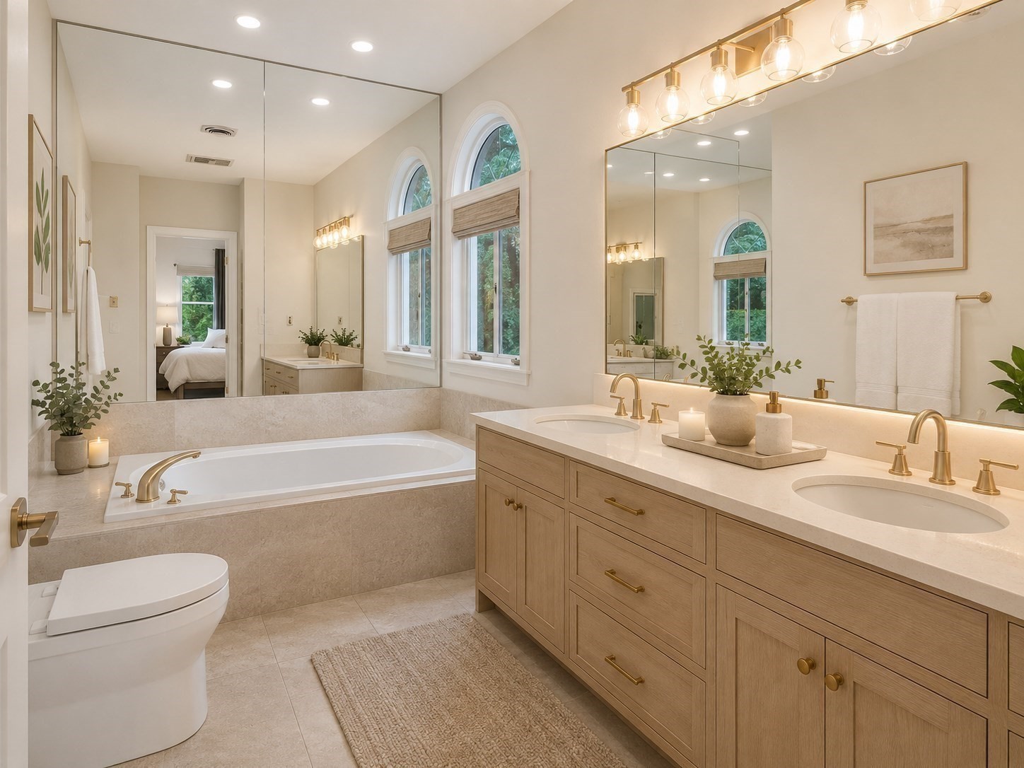 Bathroom with a soaking tub beneath arched windows and a double-sink vanity with brass fixtures.