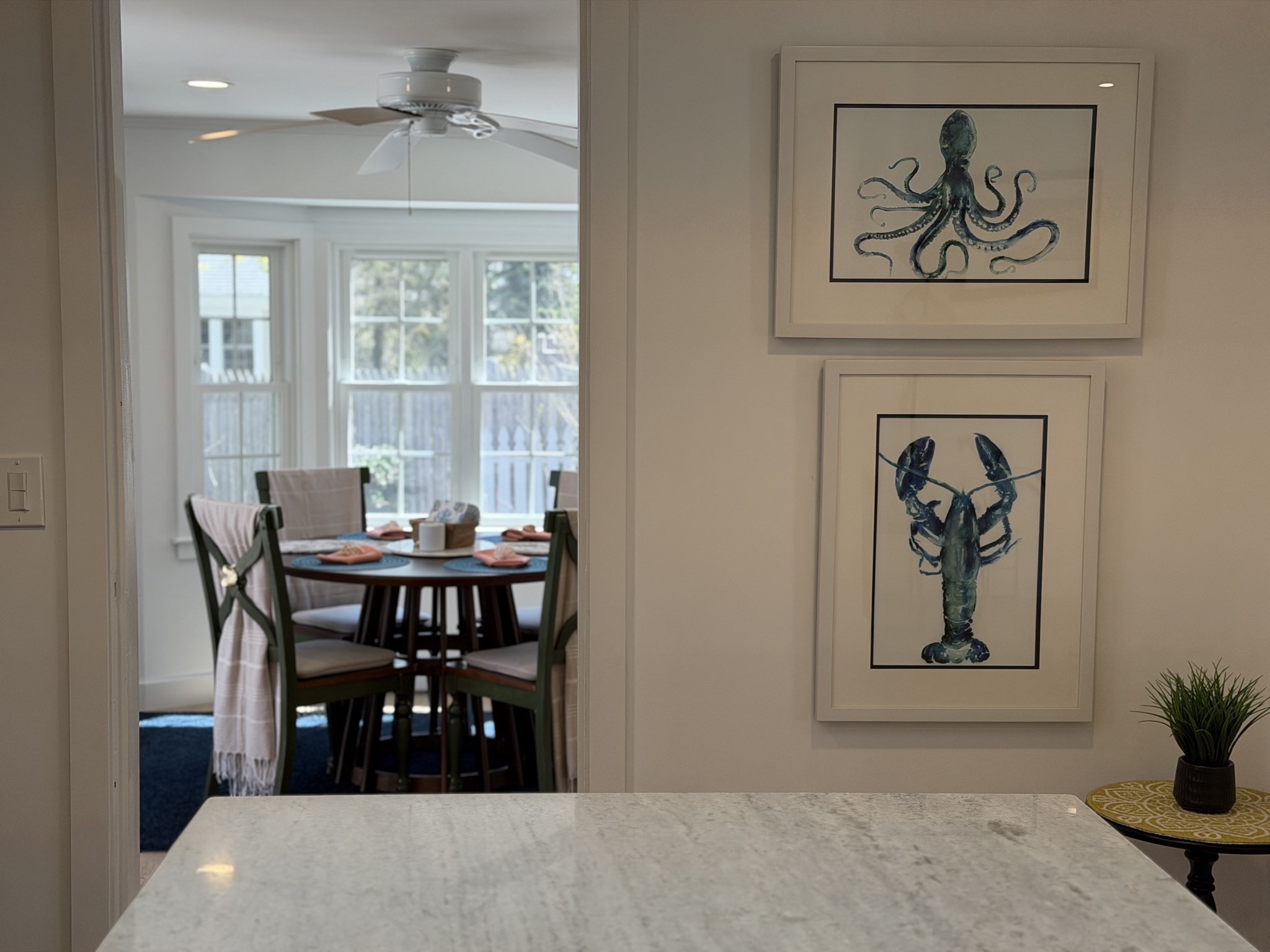 Kitchen countertop overlooks a window-lit dining area, with framed octopus and lobster artwork on the wall.