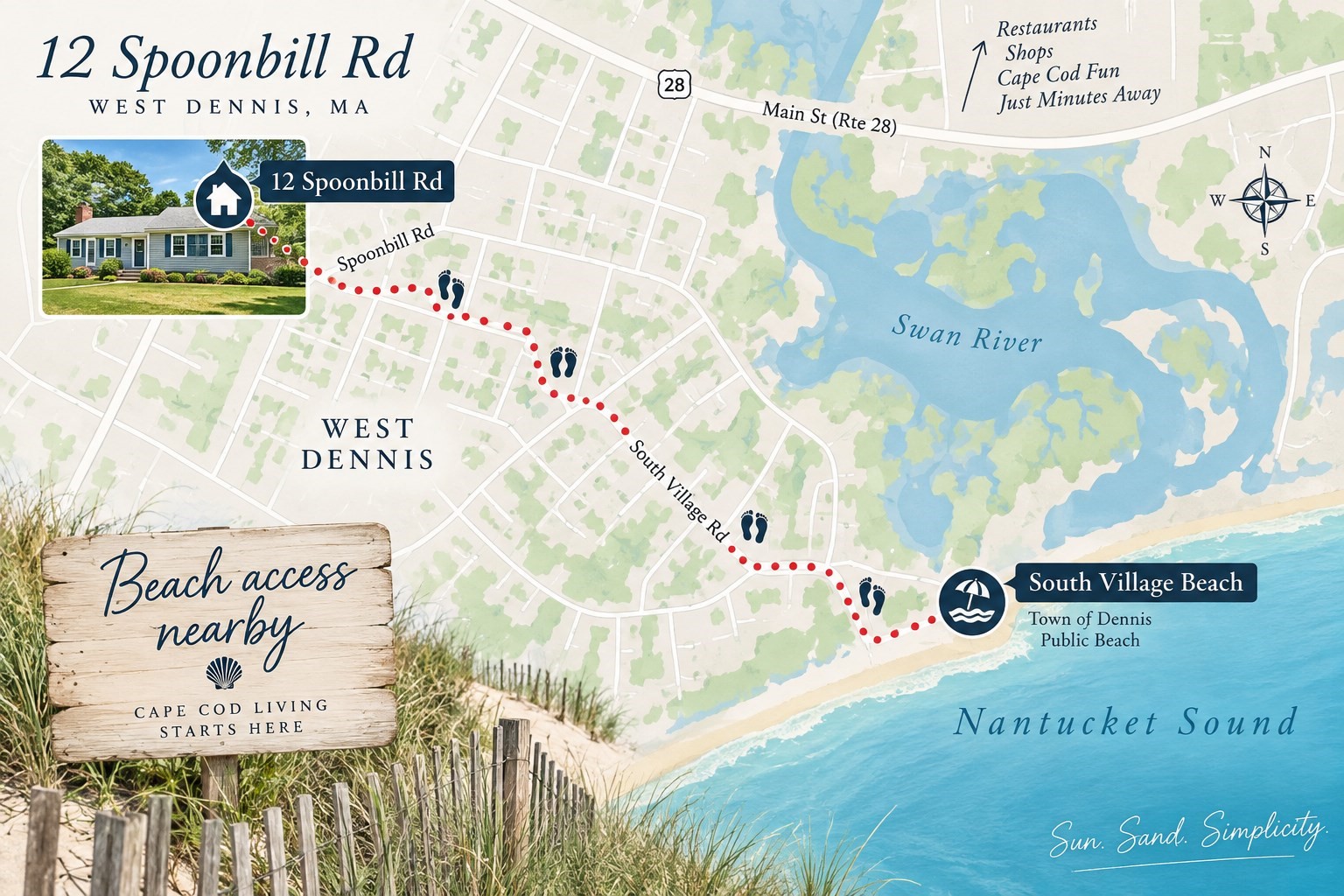 Map locating 12 Spoonbill Road in West Dennis, with a walking route to South Village Beach.