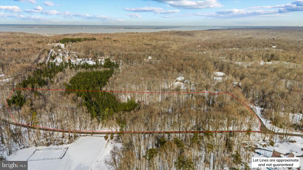 Aerial view of a wooded lot outlined in red, with snow, a roadside boundary, and water on the horizon.