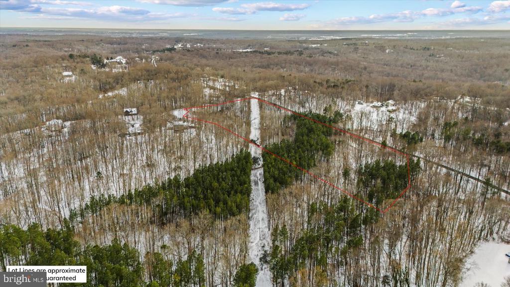 Wooded vacant lot outlined in red beside a straight access road, with patches of snow.