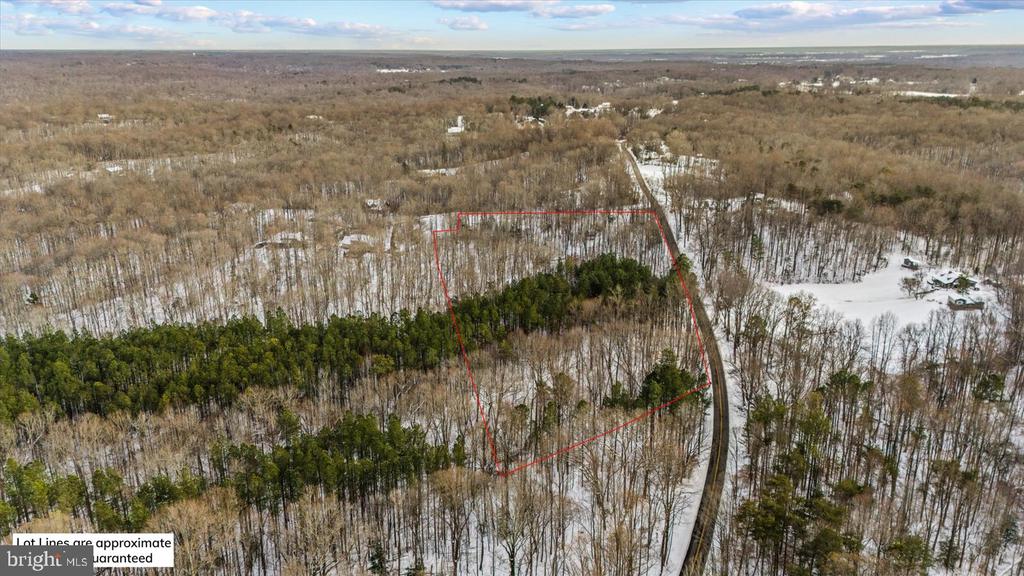 Aerial view of a wooded vacant lot outlined in red beside a curved road, with patches of snow.
