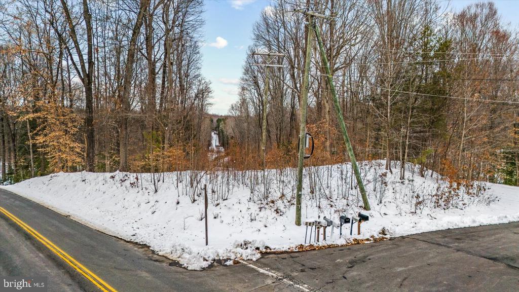 Snow-covered wooded lot at a road intersection, with mailboxes and utility poles.