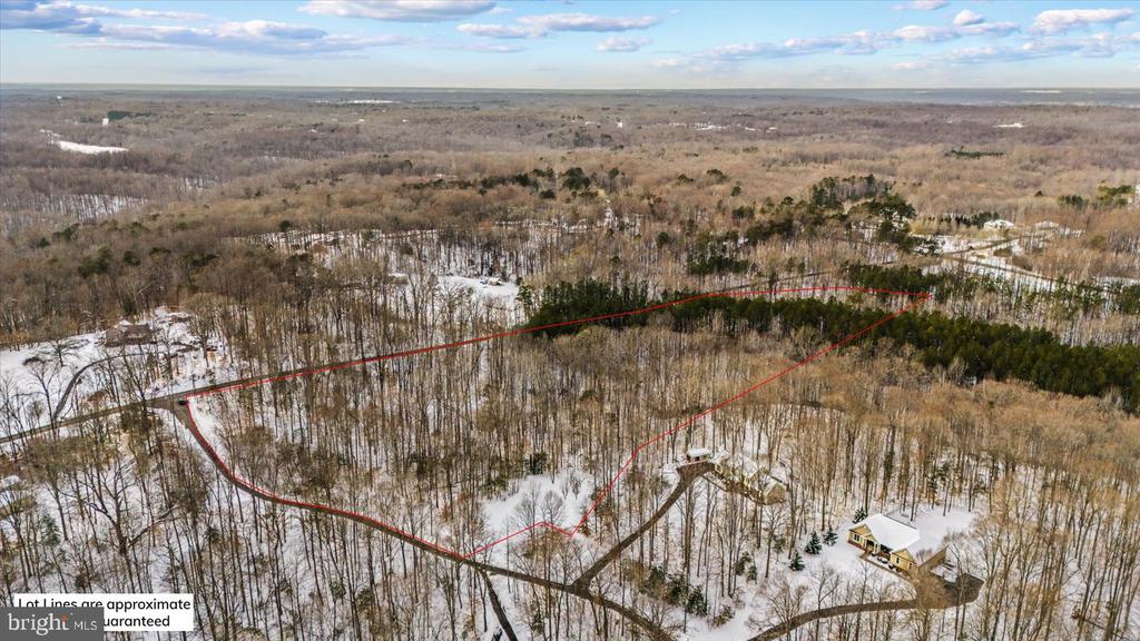Aerial view of a wooded lot outlined in red, with snow-covered ground and nearby homes.