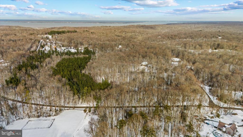 Aerial view of wooded land with a road, scattered homes, snow, and water on the horizon.