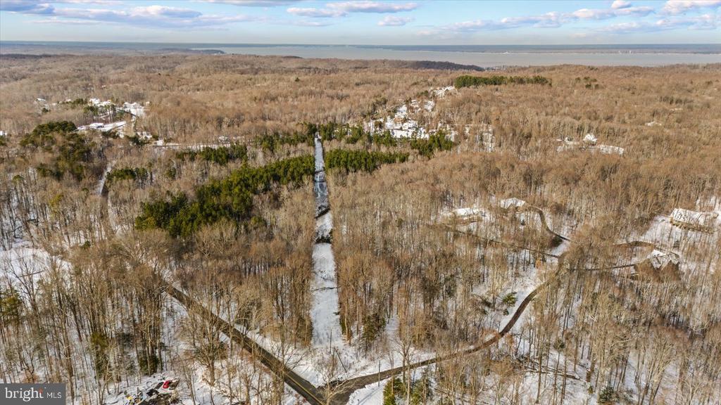 Aerial view of a snow-dusted wooded lot with a road running through it.