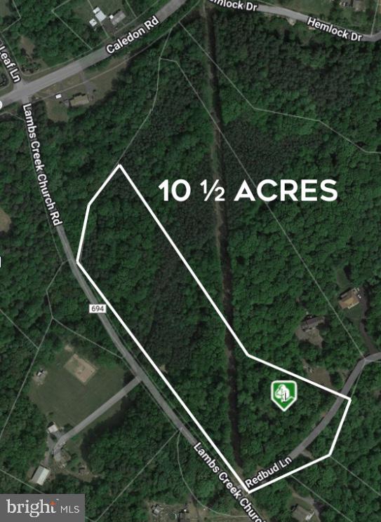 Aerial map outlining a wooded 10½-acre parcel near Redbud Lane and Lambs Creek Church Road.