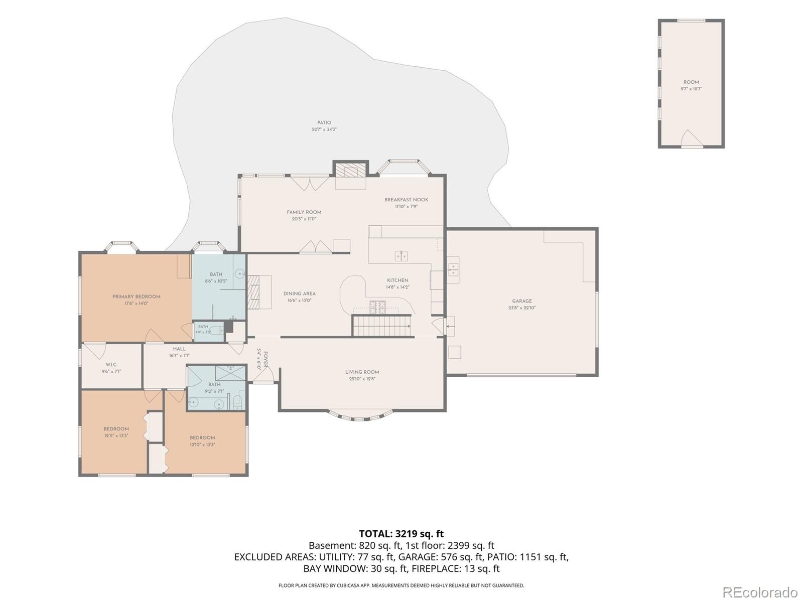 Floor plan showing bedrooms, living areas, kitchen, garage, patio, room dimensions, and total area of 3,219 square feet.