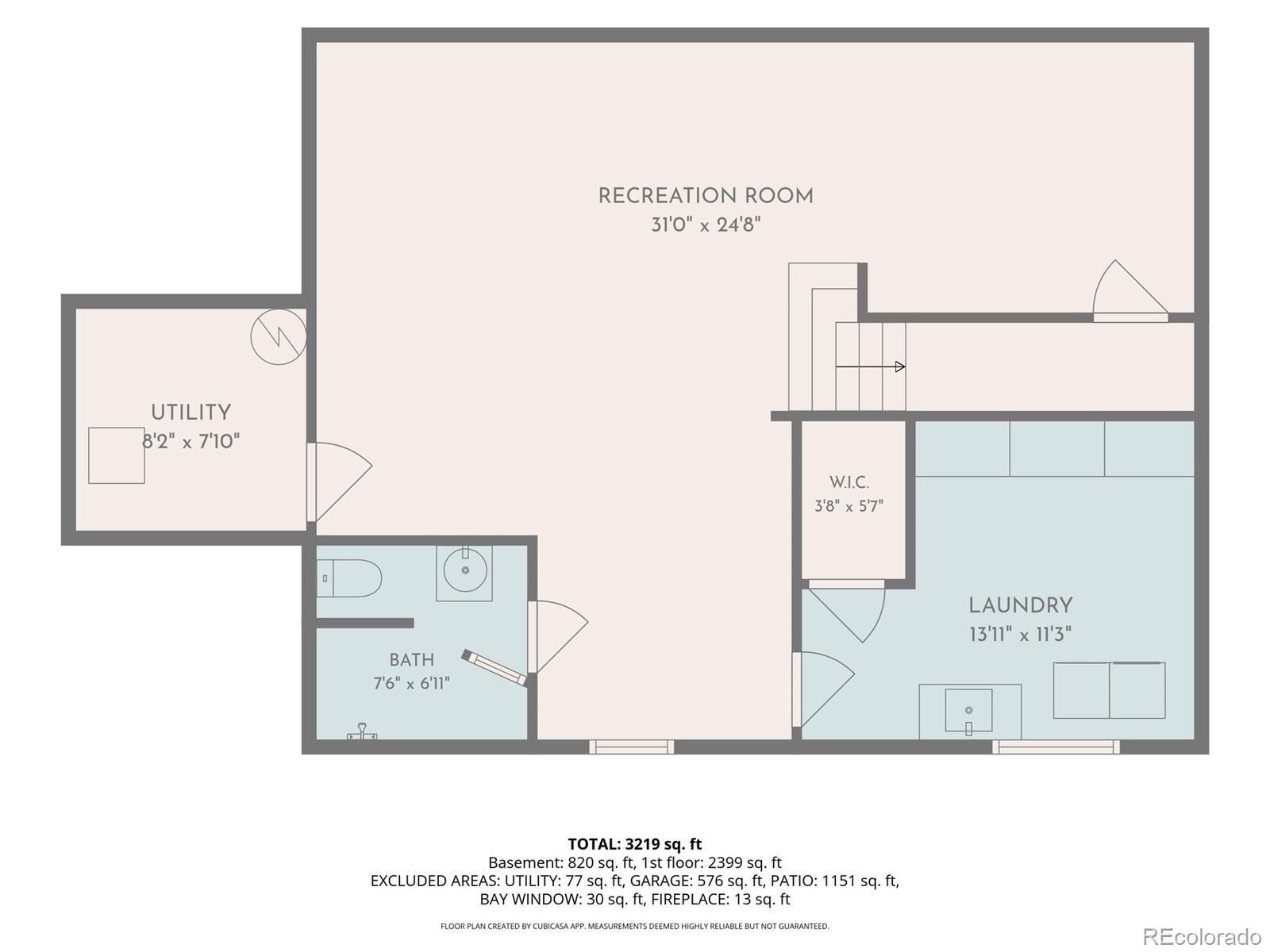 Basement floor plan with a large recreation room, utility room, bathroom, walk-in closet, and laundry room.