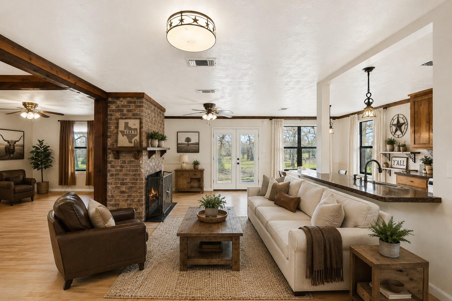 Open-plan living room with a brick fireplace, exposed wood beams, and kitchen island.