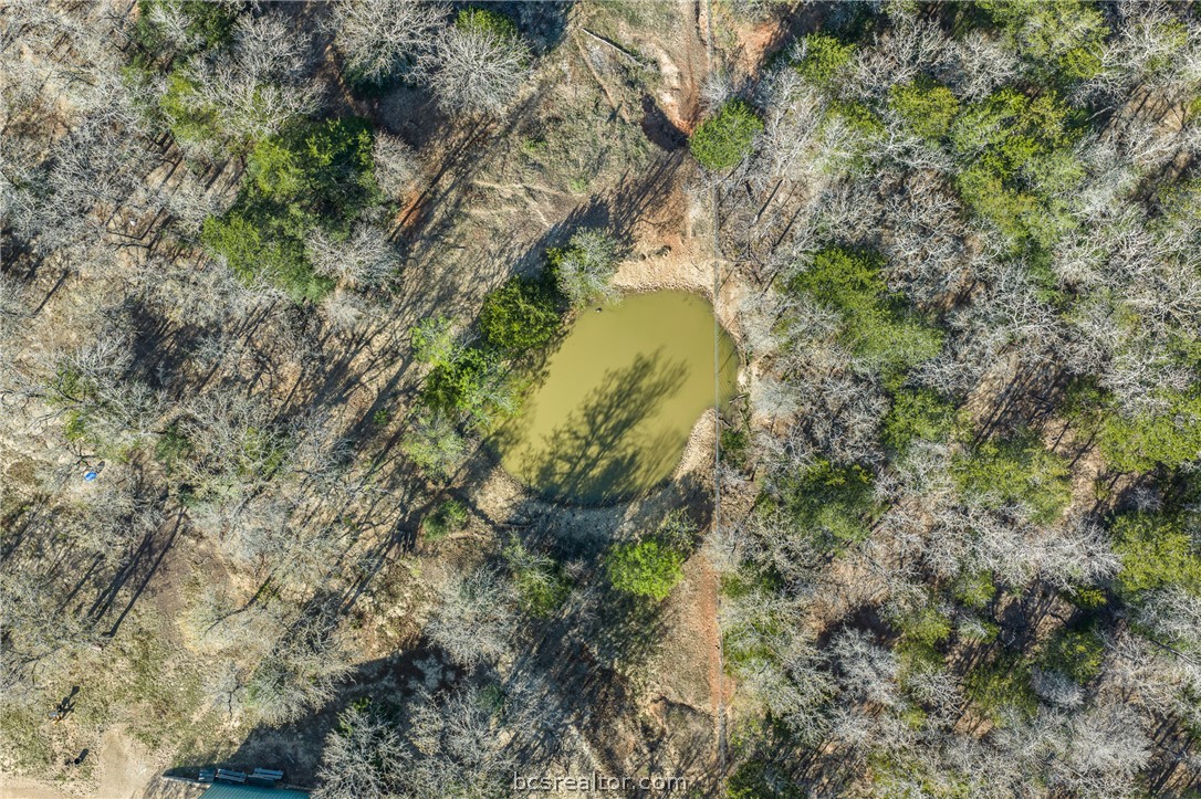 Aerial view of a wooded property with a small pond and dirt track.